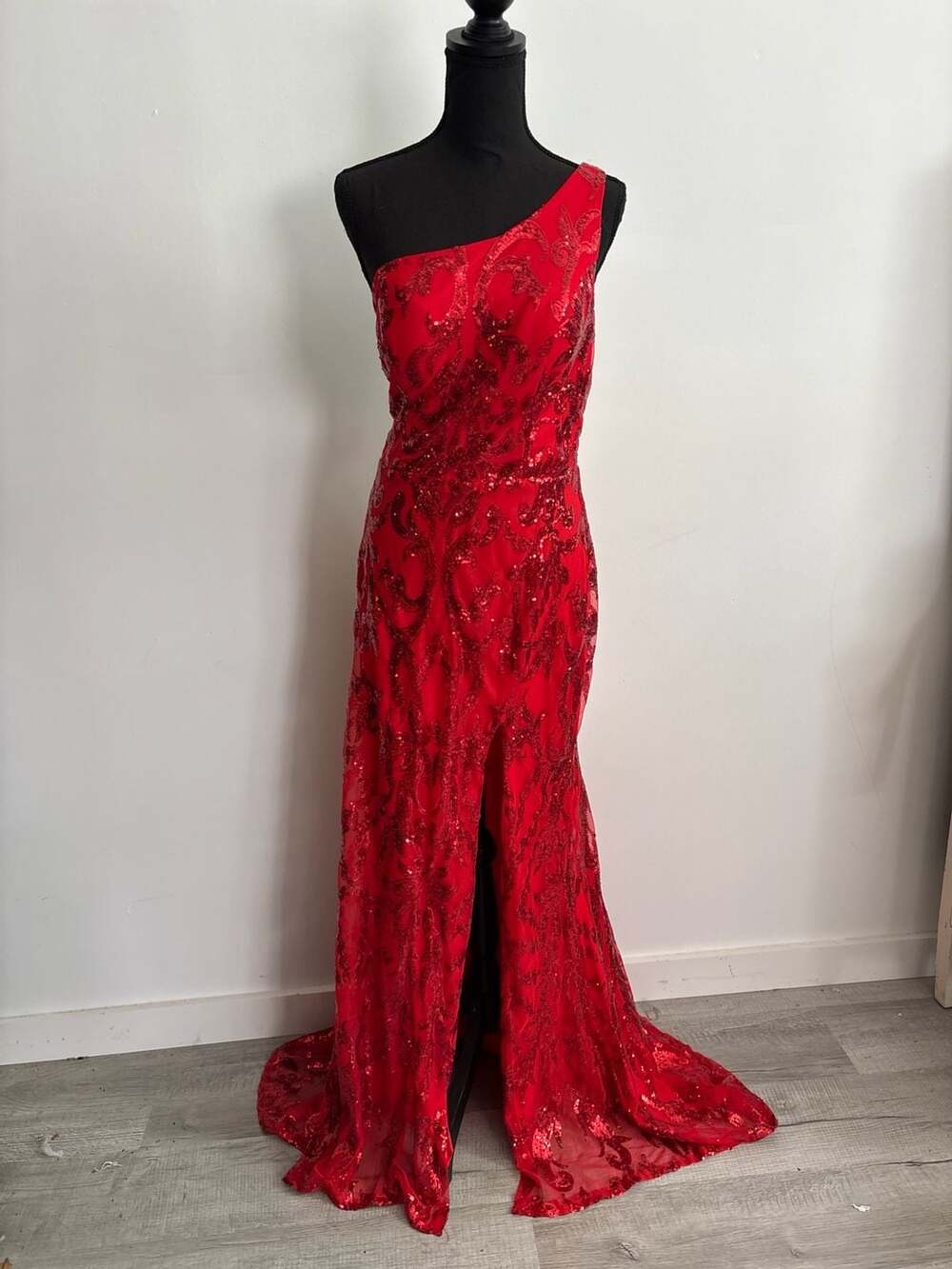 Red One-Shoulder Sequin Mermaid Formal Gown with Front Slit and Train